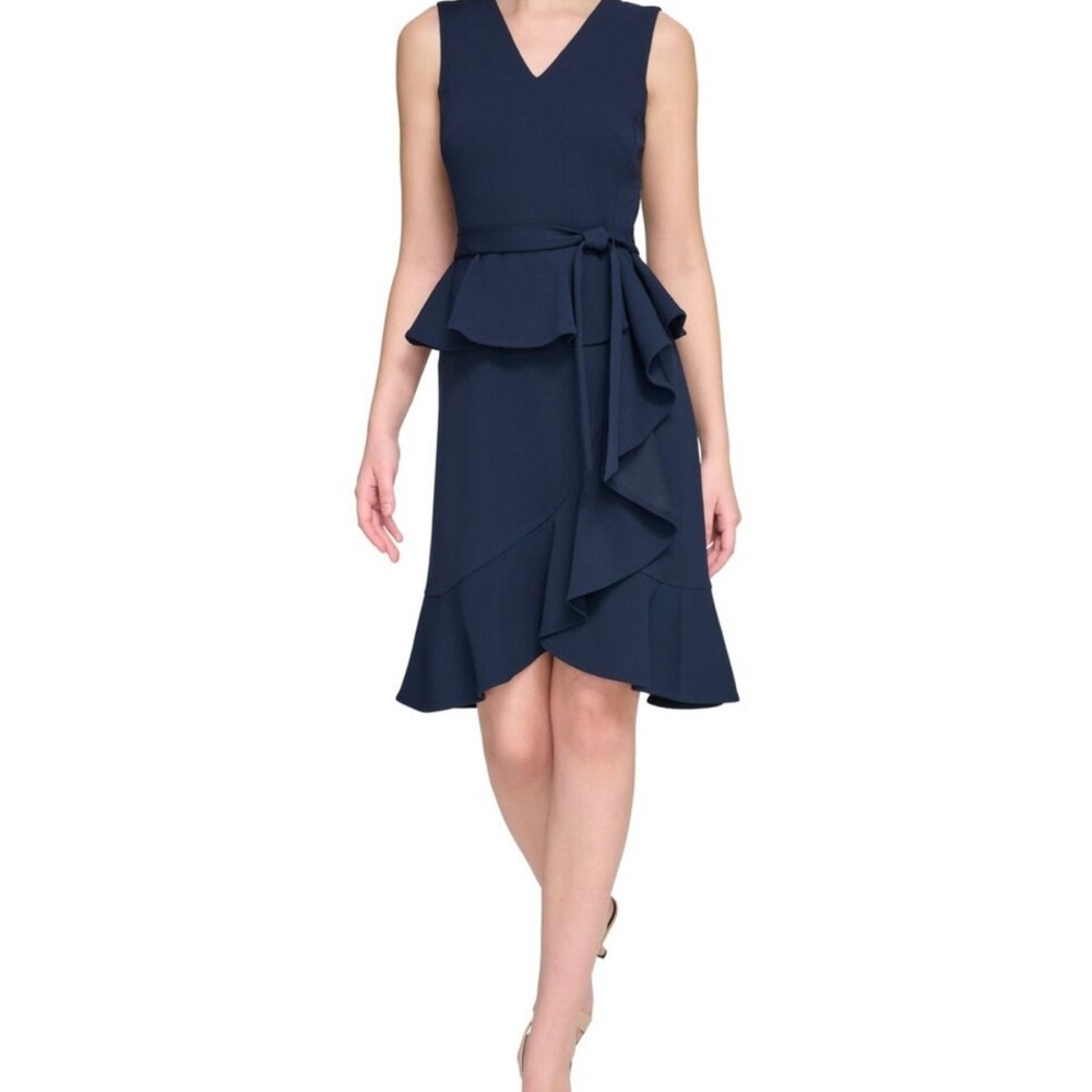 Calvin Klein Petite Ruffled Peplum Dress, Navy,10P